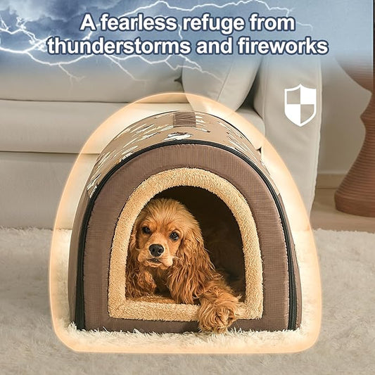 Jiupety Indoor Dog House, 2 in 1 Portable Foldable House Bed with Cover, Pet Tent & Cave Bed for Small Medium Dog, L(21"×17"×15"), Up to 16 Lb, Brown