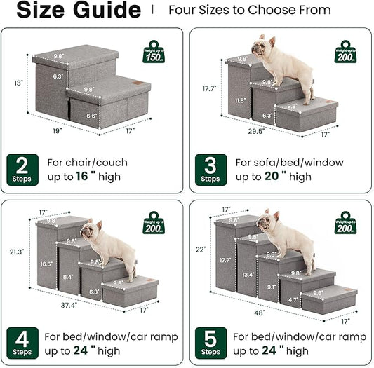 Love's cabin Dog Stairs for Small Medium or Large Dogs with Storage and Adjustable Steps, Foldable Cat Steps for Bed or Couch, 4-Step Gray Folding Ramp with Zip up to 200 lbs, Solid Grey