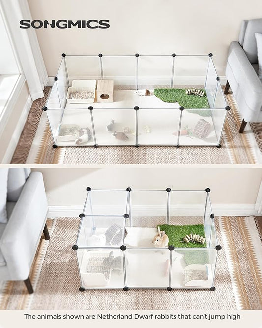 SONGMICS Pet Playpen with Floor, Small Animal Pen, Pet Fence Indoor, DIY Plastic Enclosure for Hamsters, Rabbits, Hedgehogs, Ferrets, 56.3 x 28.7 x 18.1 Inches, White ULPC02W