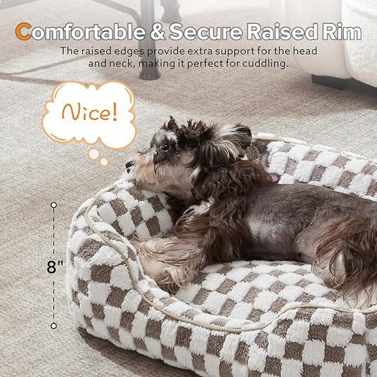 JOEJOY Dog Bed for Large Medium Small Dogs - Rectangle Orthopedic Dog Sofa Bed, Cute Modern Puppy Bed with Jacquard Shaggy Plush & Anti Slip Bottom, 35x25x10inches, Cofffee