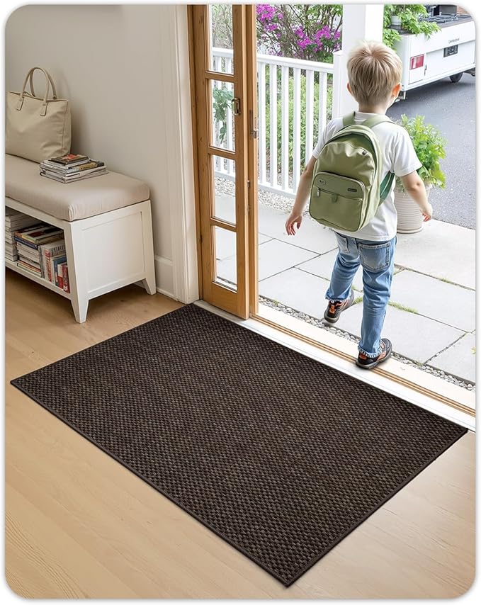 Color&Geometry Ultra-Thin Indoor Door Mat, 22.6"x31.5" Low-Profile Non-Slip Entryway Rug with Modern Geometric Texture, Washable Doormat for Entrance, Front Doors, Brown (Rolled-up NO Creases)
