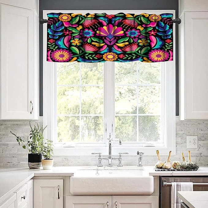 Mexican Style Valances Curtain for Kitchen, Colorful Retro Floral Pattern Window Treatment Valances Short Curtains Rod Pocket Drape for Dining Room Home Decor, 54x18inch