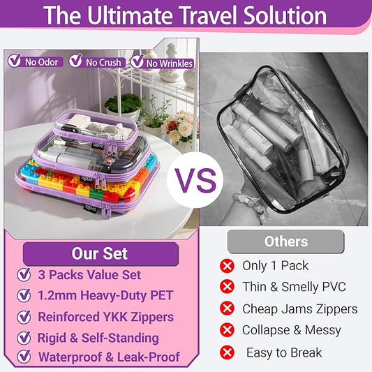 3 Pack Hard Sided Clear Zipper Case for Storage- Thickened-Grade Clear Hard Shell Zipper Case for Organizing Bead, Handicrafts, Sewing, Playdo (Purple, LMS)