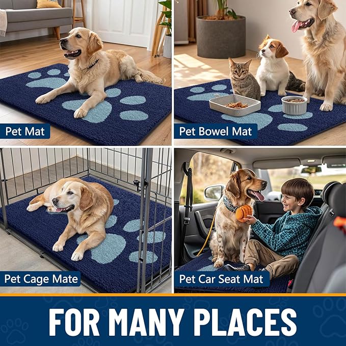 Smiry Dog Door Mat for Muddy Paws, Absorbs Moisture and Dirt, Low-Profile Entryway Mat with Non-Slip Backing, Entry Indoor Outdoor Doormat for Inside Floor (40x32 Inches, Dark Blue, Paw)