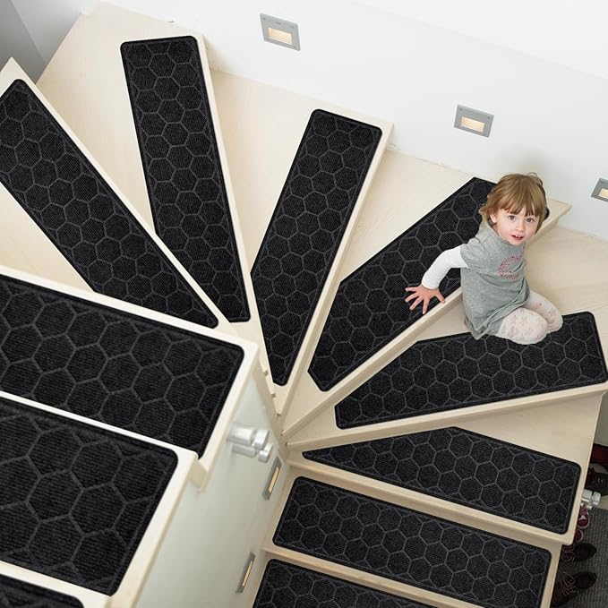 15 Pack 8 "X 30" Non-Slip Carpet Stair Treads for Indoor Wooden Steps, Made of Polyester and Reusable Adhesive, Suitable for Kids Elders and Pets(Black Hexagon)