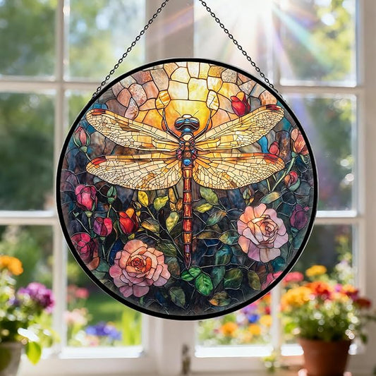 Dragonfly Stained Glass Window Hanging, 7.9" Dragonflies Plant Decor Suncatcher, Dragonfly Gifts for Women, Dragonflies Decor Handmade Suncatcher for Garden Home, Christmas Birthday Housewarming Gifts