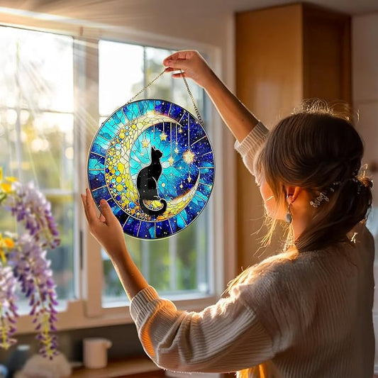 8 Inch Stained Glass Suncatcher Ornament, DOUHASU Black Cat Sun Catchers Indoor Window, Stained Glass Window Hanging, Indoor Decor, Home Decor Gift, Gifts for Cat Lovers, Pet Lover Gift