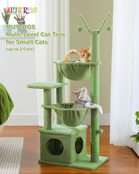 MUTTROS Cactus Cat Tree, 47.6" Cat Tower with 2 Metal Frame Hammock, Cat Scratching Post for Indoor Cats with 2 Removable Pompom Sticks for Kittens, Green