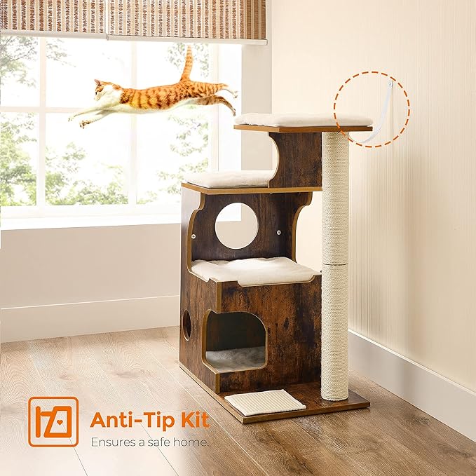 FEANDREA 33.9-Inch Cat Tower, Medium Cat Tree with 3 Beds and Cave, Cat Condo Made of MDF with Wood Veneer, Sisal Post and Washable Faux Fur, Vintage, Rustic Brown and White UPCT70HW