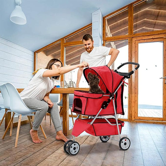 3 Wheels Dog Stroller, Foldable Pet Stroller for Small Medium Dogs, Portable Breathable Cat Stroller Dog Strollers with Storage Basket, Cup Holders, Removable Liner for Travel & Outdoor Use, Red