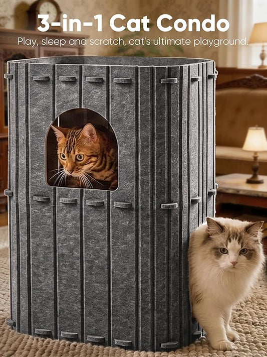FUKUMARU Cat House for Indoor Cats, 23.62 Inch Large Cat Bed Cave Condo, 2-Storey Cozy Felt Covered Cats Tunnel Kitten Hideaway for Multicats, Scratch Resistant, Dark Grey