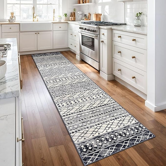 KUTA Moroccan Washable Runner Rug, 2x10 Non-Slip Vintage Black Navy Blue Boho Hallway Kitchen Runners Ultra Soft Distressed Geometric Floor Carpet Rugs for Bedroom Laundry Living Room