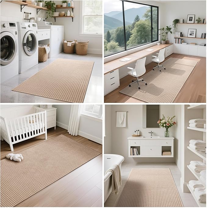Boho Washable Area Rugs 5x7 ft, Non Slip Area Rug for Living Room, Braided Office Rugs Bedroom Rug Woven Washable Indoor Floor Carpets for Office Dining Bedroom Living Room, Easy to Clean, Brown