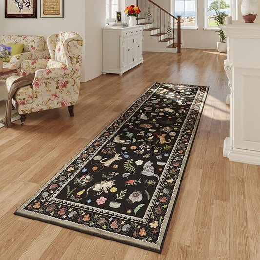 Rugcomf 2x5 Runner Rug - Floral Cat Machine Washable Kitchen Rug, Non-Slip Low Pile Boho Carpet for Hallways, Laundry, Entryway, Bedroom, Bathroom - Black