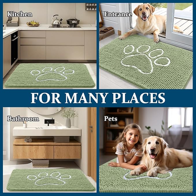 OLANLY Dog Door Mat for Muddy Paws 47x24, Paw Print Design, Absorbs Moisture and Dirt, Non-Slip Washable Doormat, Quick Dry Chenille Mud Mat for Dogs, Entry Indoor Entryway Carpet, Sage Green