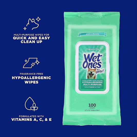 Wet Ones for Pets Hypoallergenic Multi-Purpose Dog Wipes with Vitamins A,C & E,Fragrance-Free Hypoallergenic Dog Wipes for All Dogs Wet Ones Wipes Multipurpose (FF14364PCS12)(Pack of 12,1200 Count)
