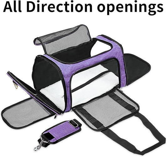 Soft-Sided Cat/Dog/Pet Carrier, Collapsible Pets Travel Carriers for Big Cats/Small Dogs with Shoulder Strap & Removable Mat, Mesh Puppy Carry Bag, Up to 16 Lbs, TSA Airline Approved(Purple)