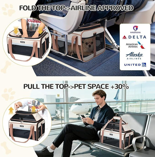 Lekereise Top-Expandable Pet Carrier 17x11x9.5 Inch Alaska Hawaiian Airline Approved Soft Sided Underseat to 12lbs Travel Carriers for Small Cats and Dogs with Locking Safety Zippers Anti-Scratch Mesh