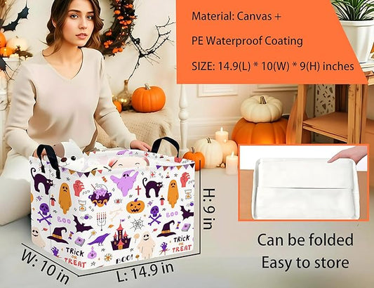 Large Halloween Themed Candy Gift Boo Basket for Kids Baby Personalized Adults Storage Bin Fall Decor(Purple Skull Castle Cat Spooky)
