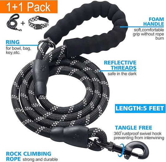 Reflective Dog Collar Padded with Soft Neoprene Breathable Adjustable Nylon Dog Collars for Small Medium Large Dogs (Small (Pack of 1), Black Plaid Collar+Leash)