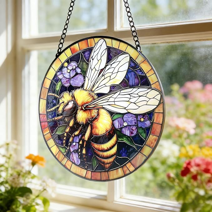 Handcrafted Bee Stained Glass Suncatcher - 7.8 Inch Window Hanging for Home, Kitchen, Porch, Terrace, Garden & Farmhouse - Perfect Mother's Day, Easter & Birthday Gift for Mom & Teachers