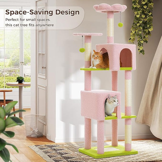 MUTTROS 62" Cat Tree for Indoor Cats, Multi-Level Cat Tower for Large Cats with Scratching Posts, 2 Spacious Plush Condos, Padded Perch, Soft Cat Bed, Scratching Pad & 2 Pompoms, Pink