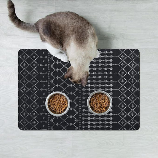 Dog Food Mats for Floors Absorbent, Cat Food Mat - Pet Cat Feeding Mat Quick Dry, Dog Bowl Mats for Water, Pet Supplies Feeding Placemat 16" x 24" Black Boho