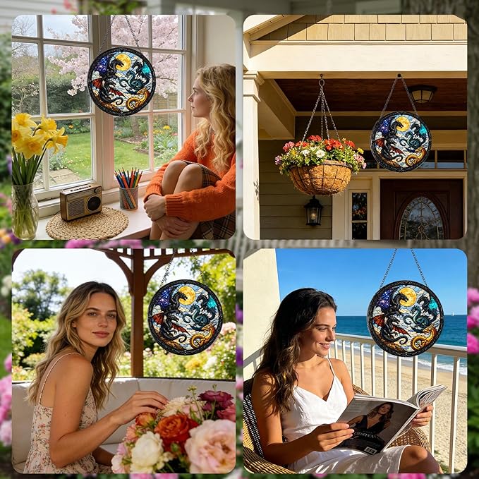 Stained Glass Window Hanging, 7.8″ Dragon Sun Catchers Art Decor Indoor Window, Decorative Suncatchers Hanging Ornaments Home Garden Birthday Gift for Men