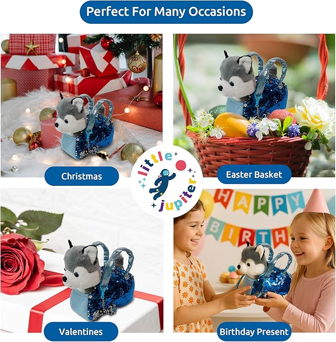 Little Jupiter Pet Plush Set with Purse w/Reversible Sequins & Charm - Stuffed Animal Toy for Kids Ages 3-7 Years - Stuffed Animal Purse - Stuffed Animals for Girls - (Husky Dog)