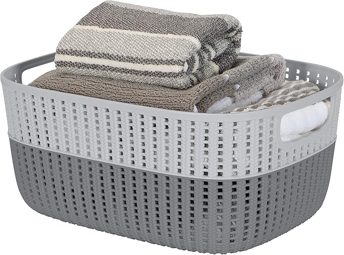 Simplify 2 Tone Sailor Knot Plastic Storage Tote | Decorative Basket | Closet Organization | De-clutter | Accessories | Toys | Bathroom Organization | Large | Grey/Grey
