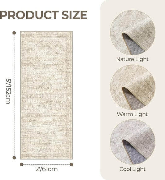 2x5 Rug Runner Washable for Entryway, Soft Bathroom Rugs with Non-Slip Backing, Abstract Low Pile Hallway Runner, Vintage Small Kitchen Carpet for Stair, Laundry Room(2'x5', Beige/Ivory)