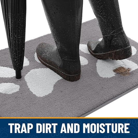 Smiry Dog Door Mat for Muddy Paws, Absorbs Moisture and Dirt, Low-Profile Entryway Mat with Non-Slip Backing, Entry Indoor Outdoor Doormat for Inside Floor (70x24 Inches, Light Grey, Paw)