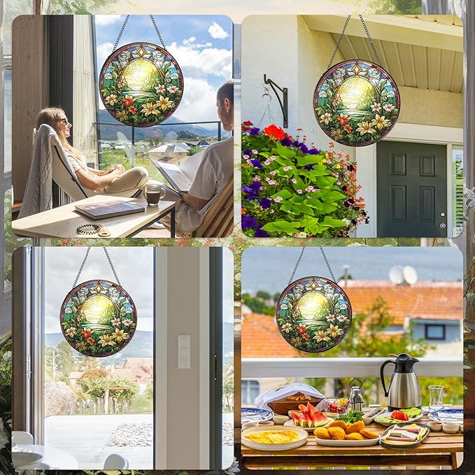 Wildflowers Stained Glass Window Hanging Decor, 7.8″ Floral Sun Catchers Stain Glass Window Hanging with Hook Indoor, Suncatcher Home Garden Art Gift for Thanksgiving Christmas Housewarming