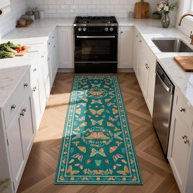 Unirea 2x6 Dark Blue Runner Rug, Washable Non Slip Insect Botanical Rug for Hallway, Kitchen, Bathroom, Laundry Room, Entryway, Bedroom, Soft Boho Door Mat Indoor Entrance Bug Rugs, Low Pile Carpet