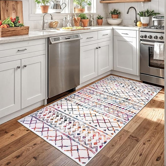KUTA 3x5 Rugs for Entryway Boho Area Rug for Living Room, Moroccan Multi-Color Washable Rugs Non Slip, Ultra Soft Print Distressed Geometric Low-Pile Entry Throw Carpet for Bedroom Nursery Dorm Decor