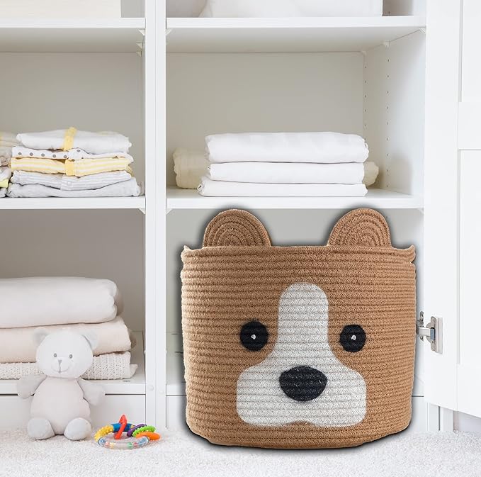 Medium Dog Woven Baskets with Handle, Dog Toy Hamper, Cotton Rope Dog Toy Storage Baskets for Pet, Animal Basket for Kids, Baby Gift Baskets for Dog Lovers, Jute