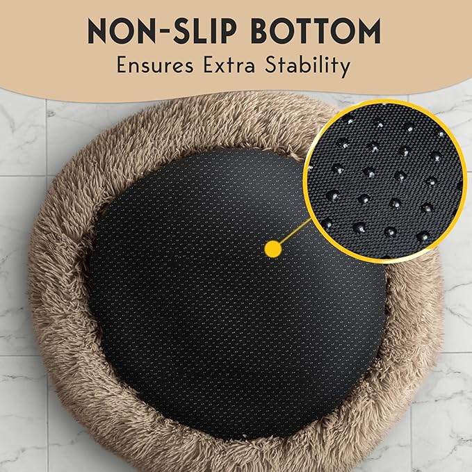 PetJett Calming Dog Beds for Small Dogs – 23" Donut Dog Beds, Anti-Slip & Washable Puppy Bed - Fluffy Plush Faux Fur Pet Bed, Anti-Anxiety Premium Comfort Round Pillow, Fits Dogs up to 25 lbs – Beige