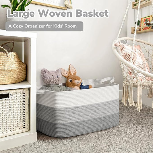 Goodpick Storage Basket, 21.6" x 14.9" x 11.8", Blanket Basket for Living Room, Large Woven Baskets for Storage, Toy Organizer, Rectangle Rope Baskets for Organizing, Gray