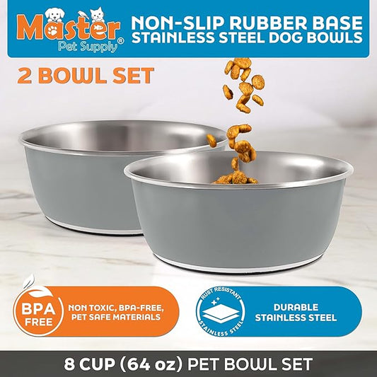 Master Pet Supply Stainless Steel Dog Bowls Set of 2 (64 Oz Each) with Non-Slip Rubber Base - Graphite - Basic Dog Food Bowl Water & Food Bowls for Small Medium Large Dogs & Cats, Metal Dish