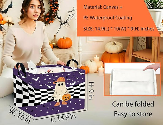 Large Halloween Themed Candy Gift Boo Basket for Kids Baby Personalized Adults Storage Bin Fall Decor(Baseball Hat Grid Spooky)