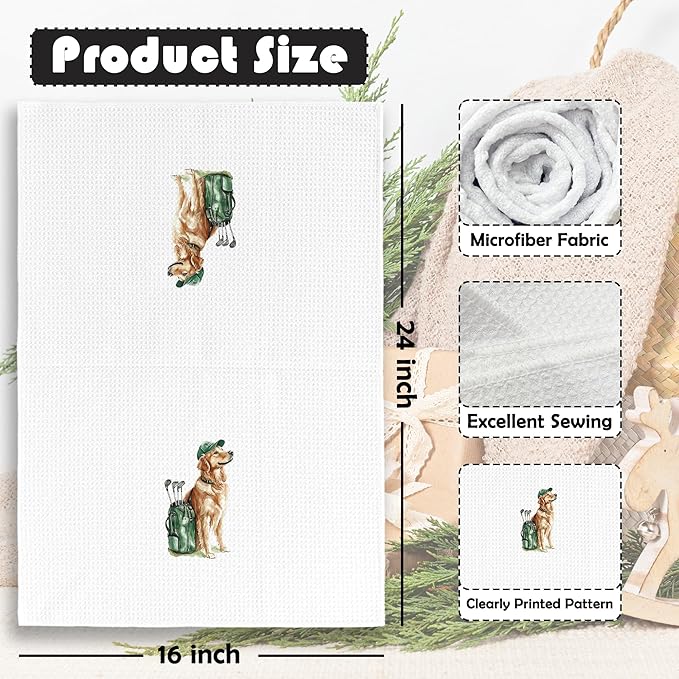 Golden Retriever Kitchen Towels - Golden Retriever Dog Dish Towels, Sports Gifts, Pet Golf Club Decorative Absorbent Dishcloths Hand Towels for Kitchen Gym Decor 16x24 Inches