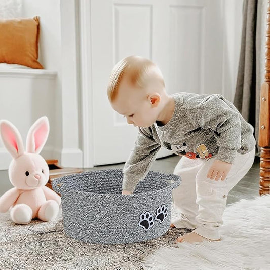 Small Woven Cotton Rope Nursery Organizer Bins, Dog Toy Basket Bins with Handle, Cute Empty Baby Gift Storage Baskets with Paw