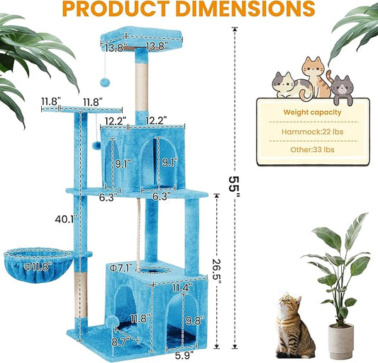 Cat Tree, 54-Inch Cat Tower for Indoor Cats, Soft Plush Multi-Level Climbing Cat Condo with Scratching Posts, Basket, Perches,2 Caves,2 Pompoms Play House for Cat(Blue)