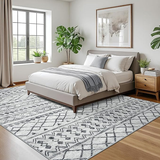 KUTA Washable Rugs 9x12 Grey, Moroccan Boho Large Area Rug Non-Slip, Ultra Soft Geometric Tribal Traditional Farmhouse Carpet for Living Room Dining Room Bedroom Dorm Office Home Decor