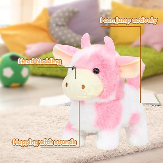 Easfan Walking Pink Cow Interactive Electronic Pet Plush Toy with Sounds and Movements Hopping Moving Educational Plush Toy Easter Birthday Gifts for Kids Girls, 7'',Pink