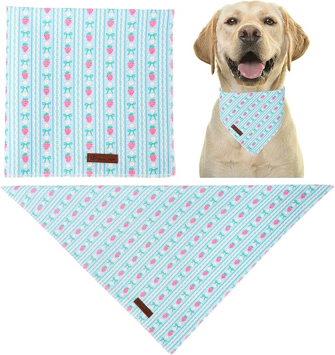 Summer Dog Bandana, UP URARA PUP Strawberry and Bowknot Triangle Bid Scarf for Medium Large Dogs, Cotton Kerchief for Girl Boy Puppies, Cute Spring FloralBandana,L
