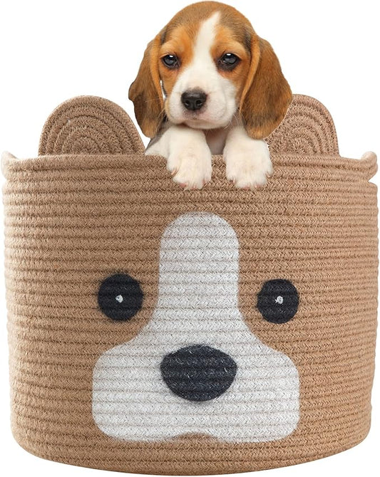 Medium Dog Woven Baskets with Handle, Dog Toy Hamper, Cotton Rope Dog Toy Storage Baskets for Pet, Animal Basket for Kids, Baby Gift Baskets for Dog Lovers, Jute