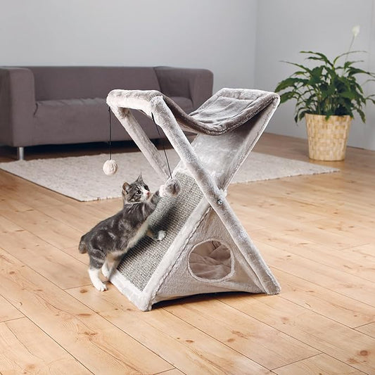 TRIXIE Miguel Fold and Store Cat Hammock, Indoor Cat Furniture with Dangling Toys, Scratching Pad, and Cave, Taupe/Light Gray
