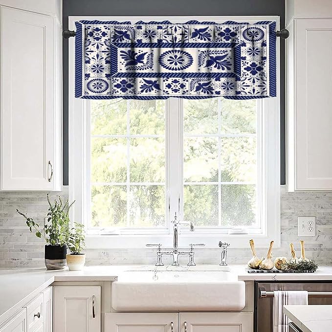 Mexico Valance Curtains Mexican Traditional Talavera Style Tiles Floral Pattern Window Treatment Valances Short Curtains Rod Pocket Drape for Dining Room Home Kitchen Decor, 54x18inch