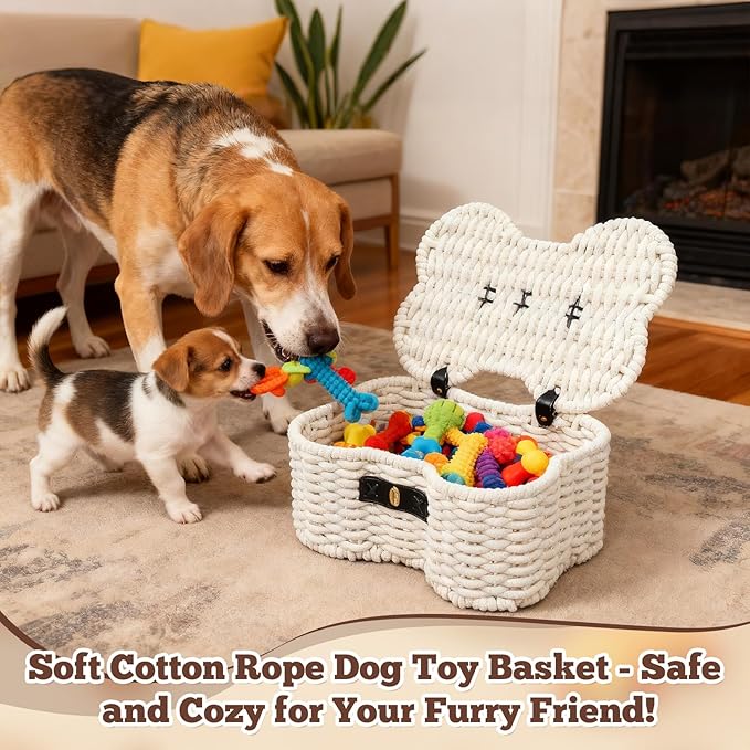 Dog Toys Bin, Cotton Rope Basket Bone Shaped Pet Toys Organizer, Handmade Pet Toy Bin, Woven Baskets for Storage, 14.96" x 11.22" x 6.5"inch